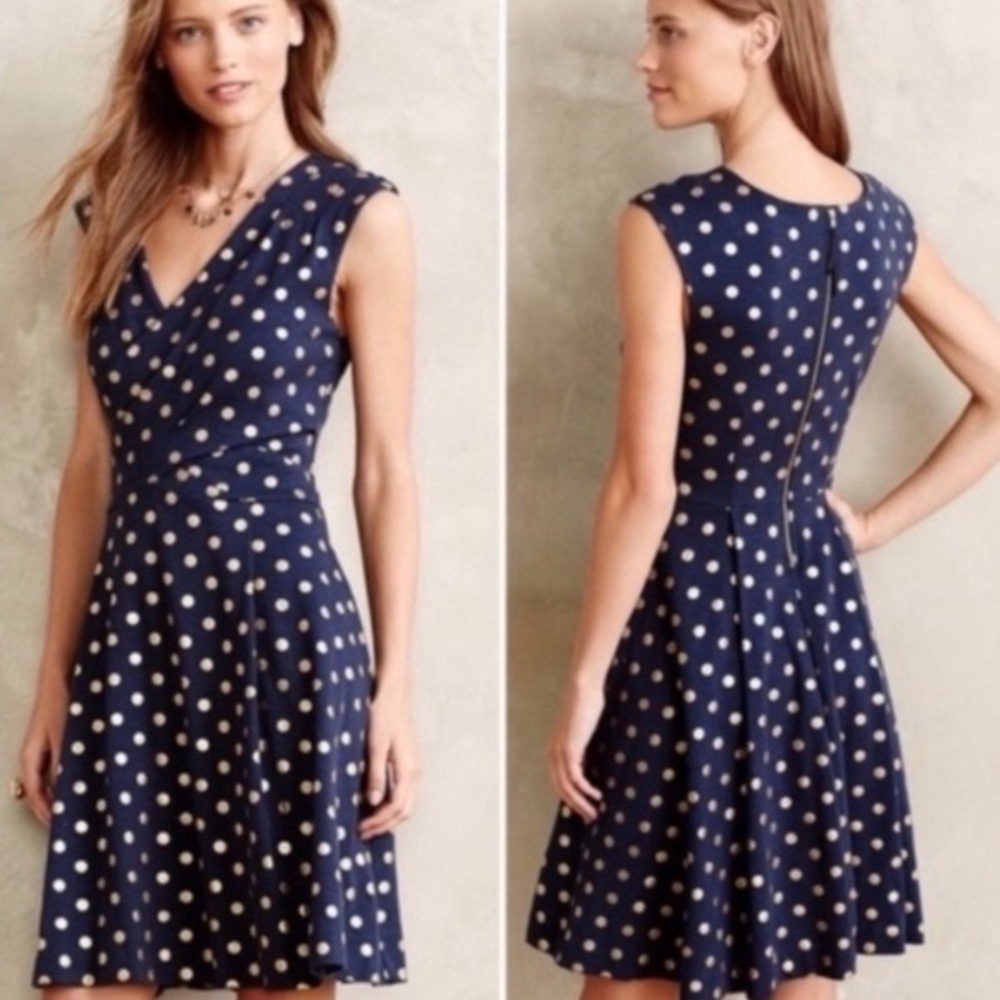 Anthro Maeve navy blue/gold polka dot swing dress XS